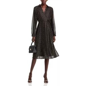 KOKO + MASON Metallic Knee Length Dress Size Large in Black Gold V Neck Printed‎